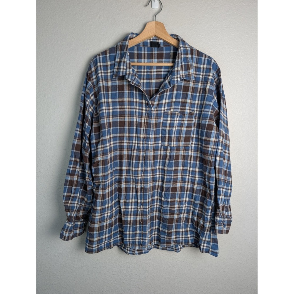 Cotton On Button-Up Womens S Blue Plaid Long Sleeve Flannel Pockets Relaxed Fit